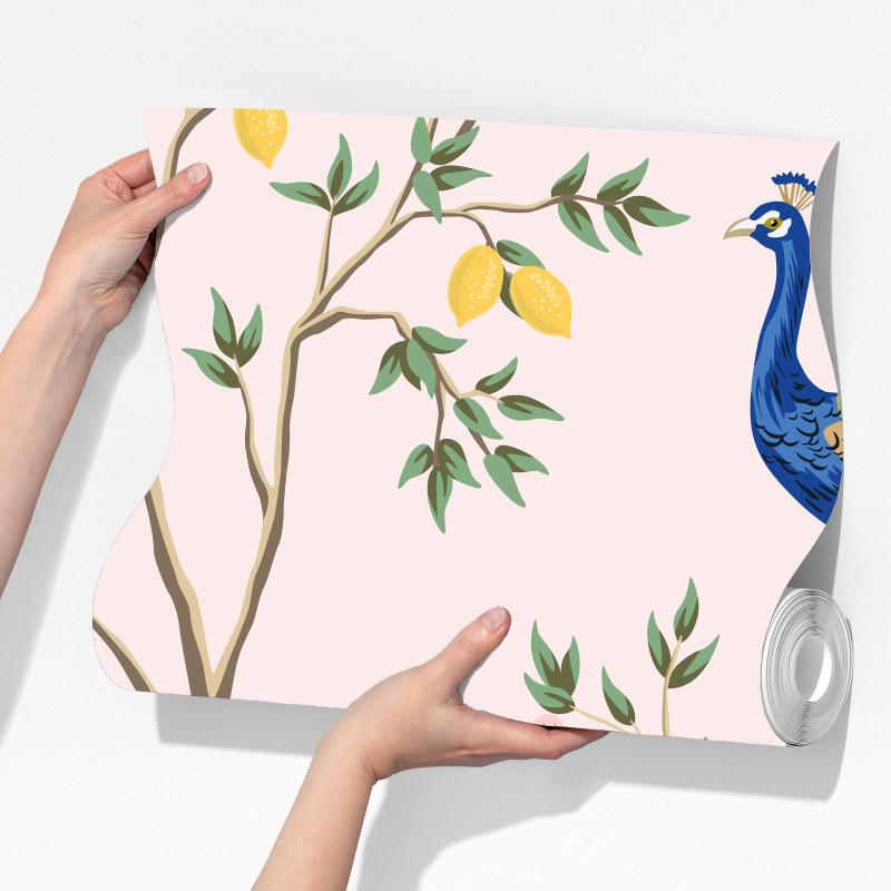 Fototapeta elegancki wzór z pawiem i kwiatami na różowym tle – Wallissimo® Fototapeta elegancki wzór z pawiem i kwiatami na różowym tle – Wallissimo®