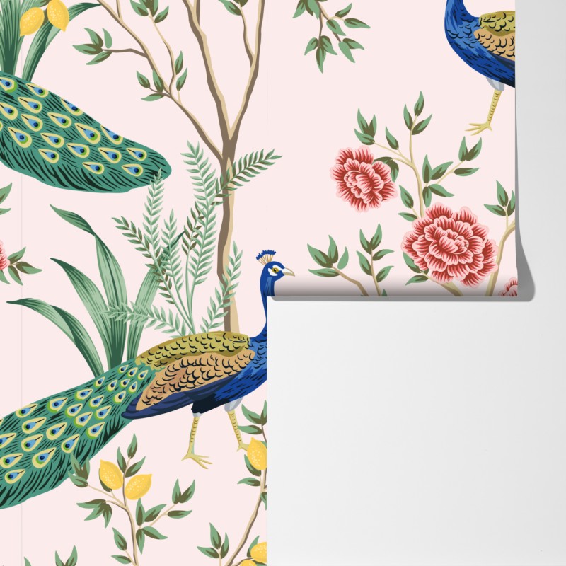 Fototapeta elegancki wzór z pawiem i kwiatami na różowym tle – Wallissimo® Fototapeta elegancki wzór z pawiem i kwiatami na różowym tle – Wallissimo®