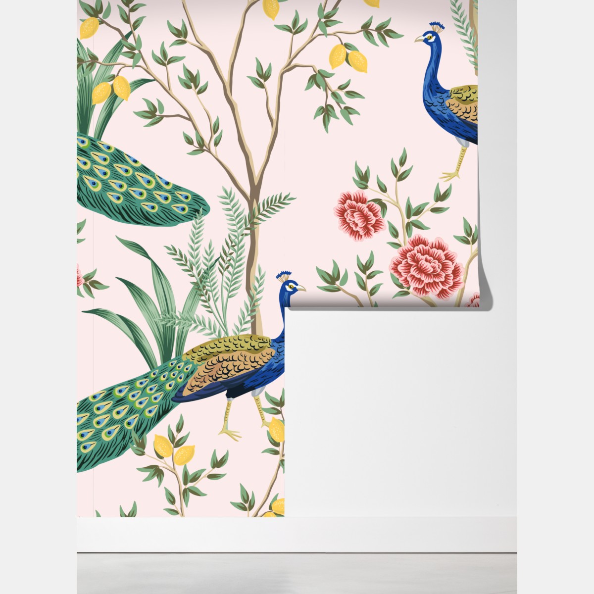 Fototapeta elegancki wzór z pawiem i kwiatami na różowym tle – Wallissimo® Fototapeta elegancki wzór z pawiem i kwiatami na różowym tle – Wallissimo®
