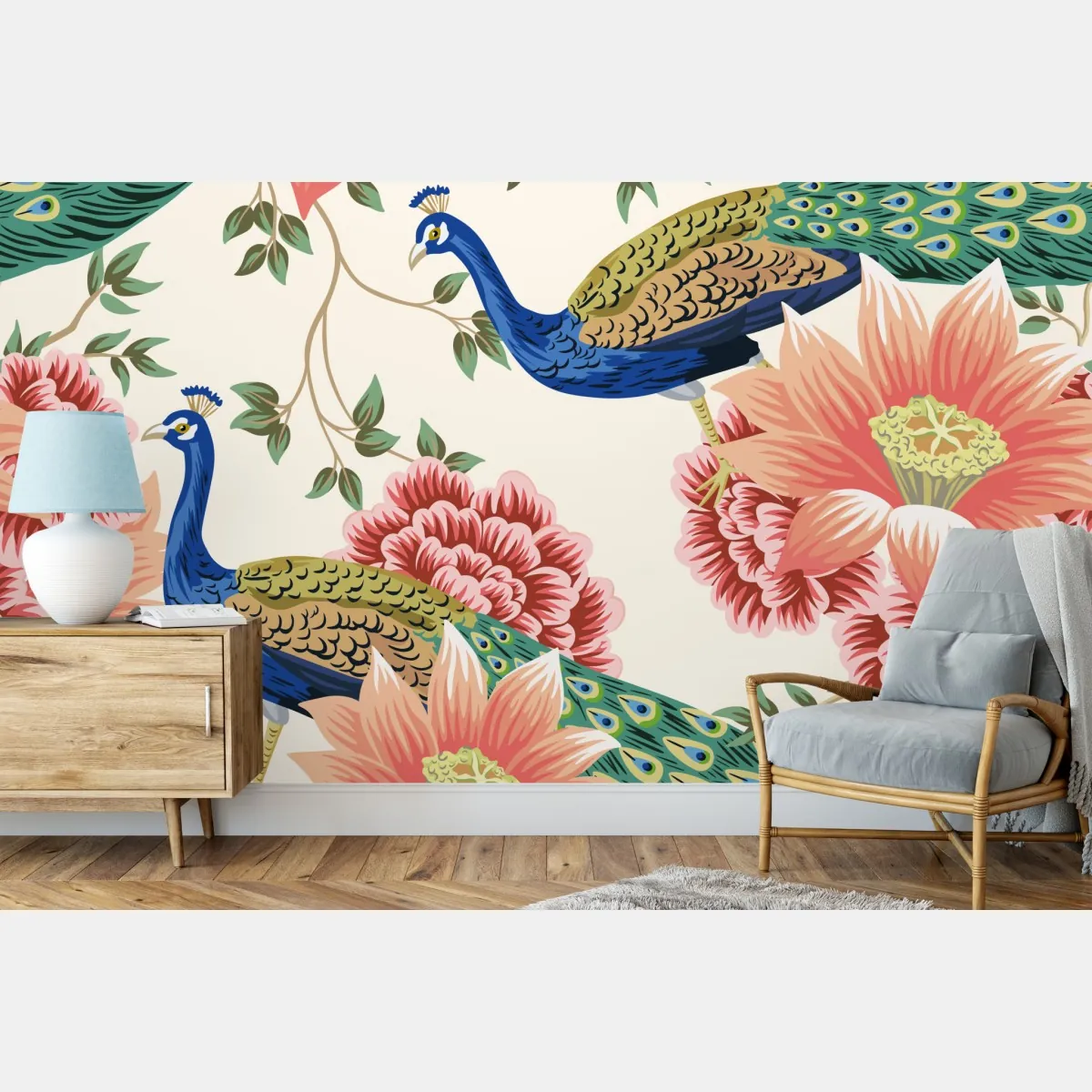 Fototapeta elegancki wzór z pawiem i kwiatami – Wallissimo® Fototapeta elegancki wzór z pawiem i kwiatami – Wallissimo®