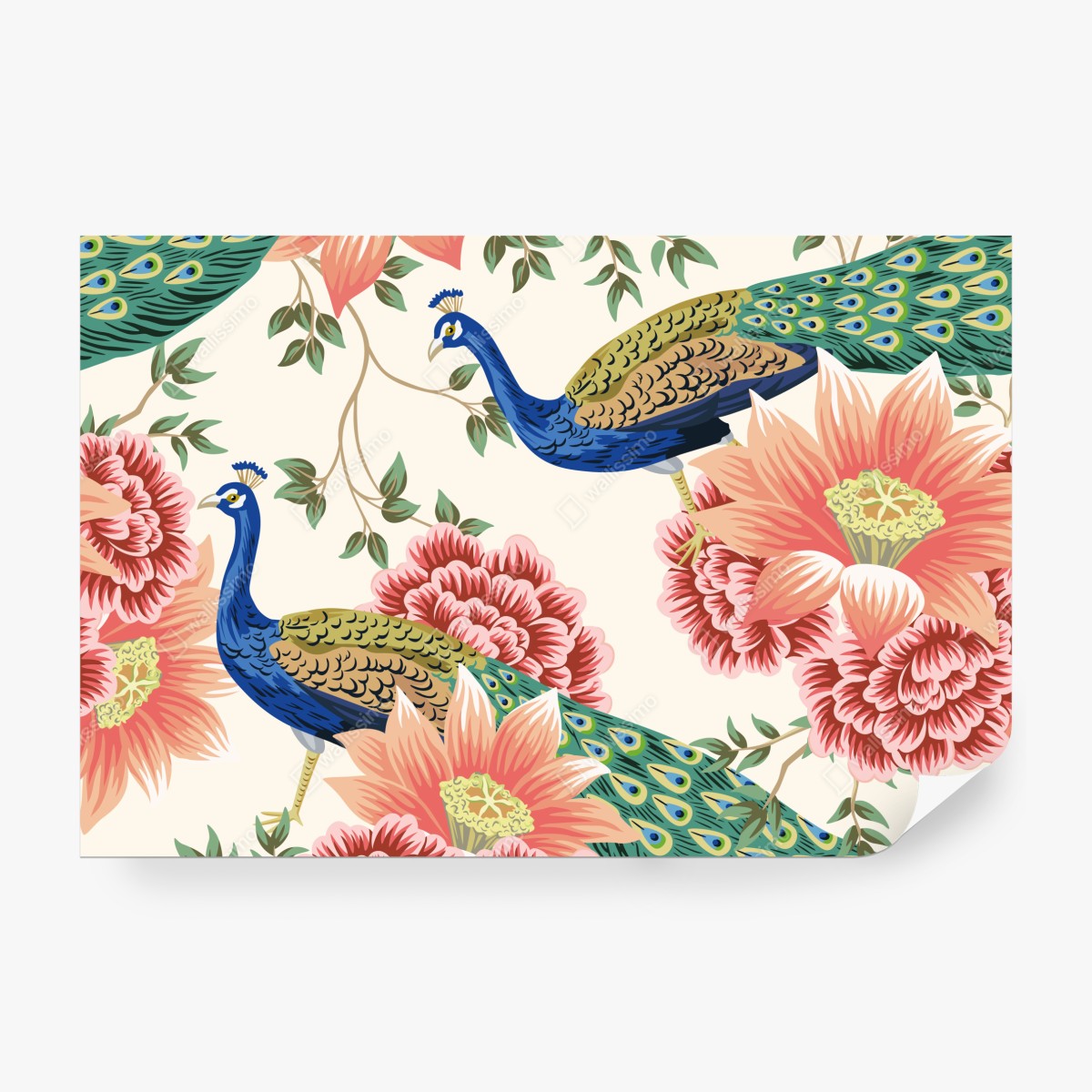 Fototapeta elegancki wzór z pawiem i kwiatami – Wallissimo® Fototapeta elegancki wzór z pawiem i kwiatami – Wallissimo®