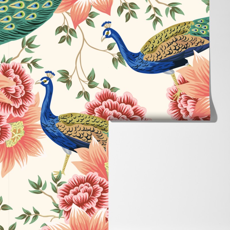 Fototapeta elegancki wzór z pawiem i kwiatami – Wallissimo® Fototapeta elegancki wzór z pawiem i kwiatami – Wallissimo®