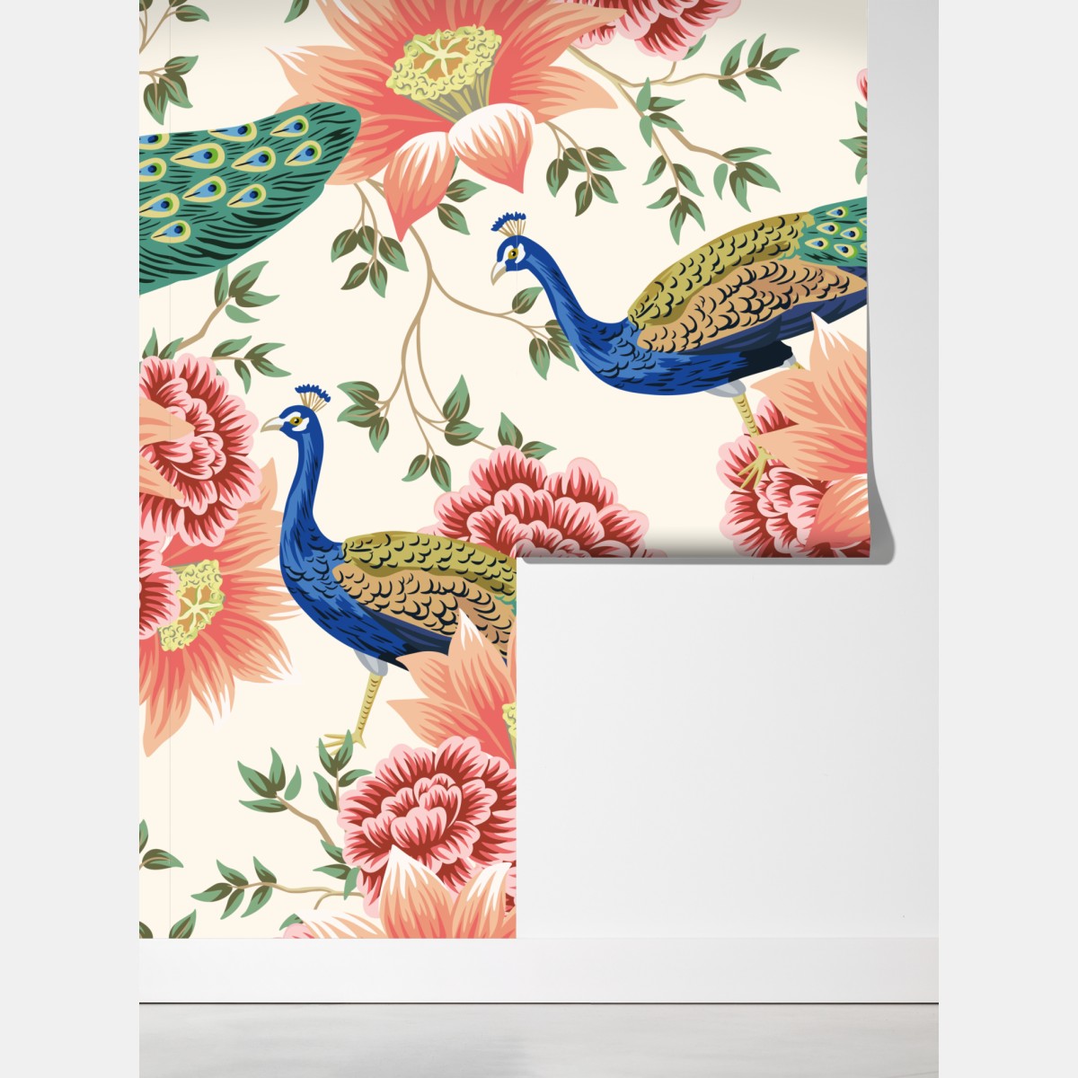 Fototapeta elegancki wzór z pawiem i kwiatami – Wallissimo® Fototapeta elegancki wzór z pawiem i kwiatami – Wallissimo®