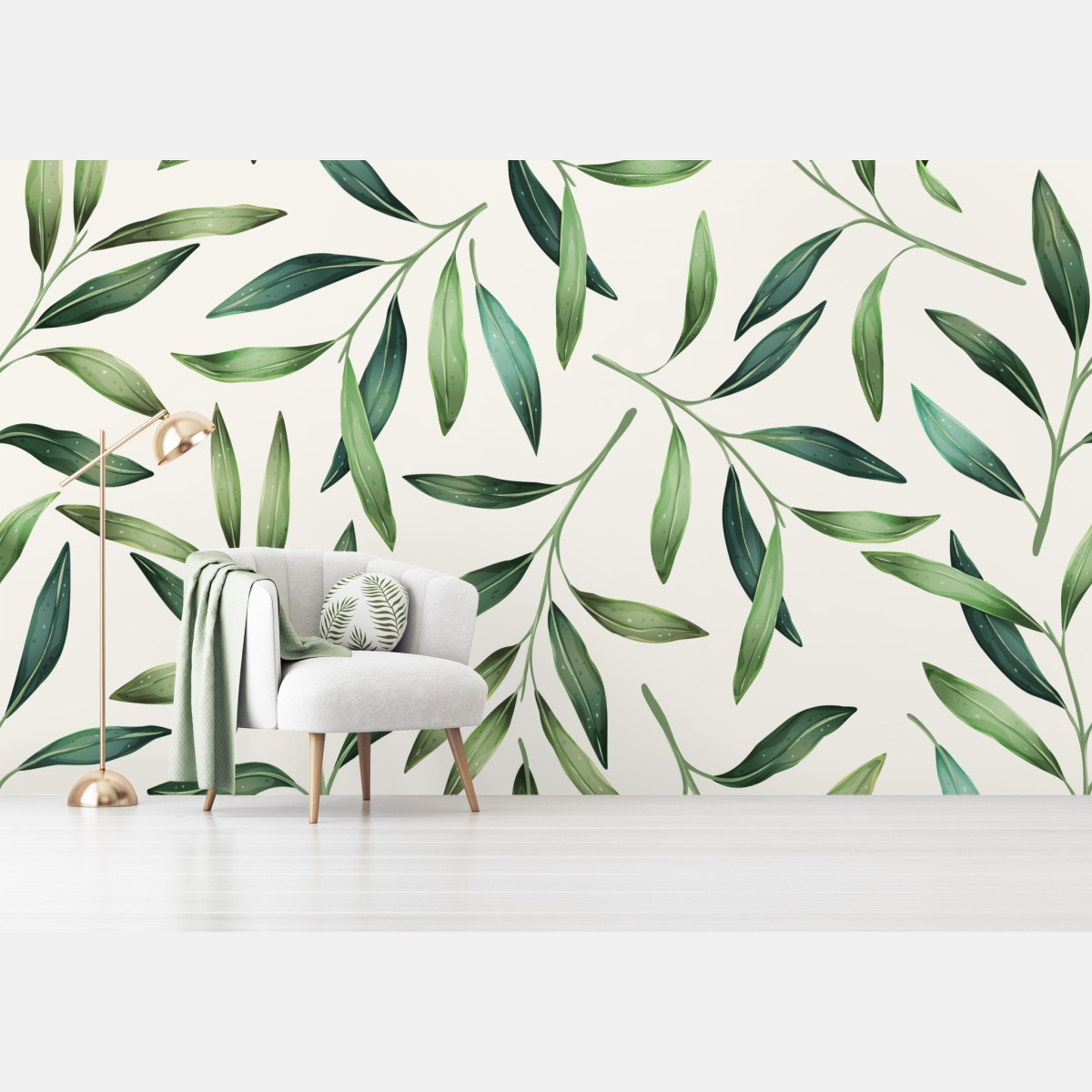 Wall mural green watercolor foliage pattern