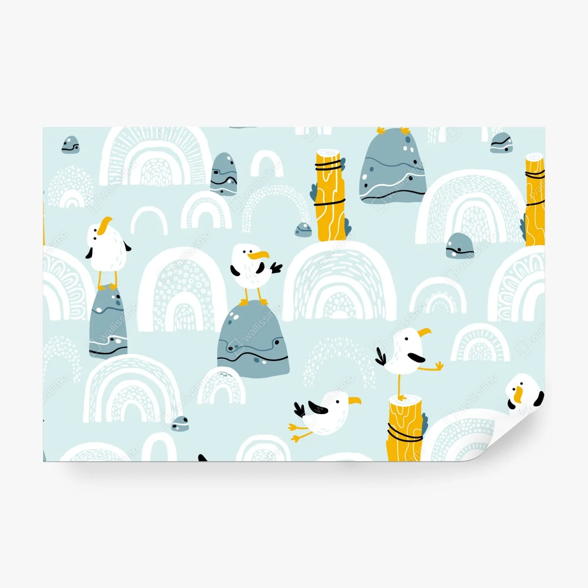 Fototapeta wesołe mewy na pastelowych łukach – Wallissimo® Fototapeta wesołe mewy na pastelowych łukach – Wallissimo®
