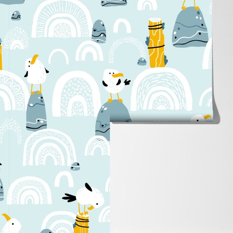 Fototapeta wesołe mewy na pastelowych łukach – Wallissimo® Fototapeta wesołe mewy na pastelowych łukach – Wallissimo®