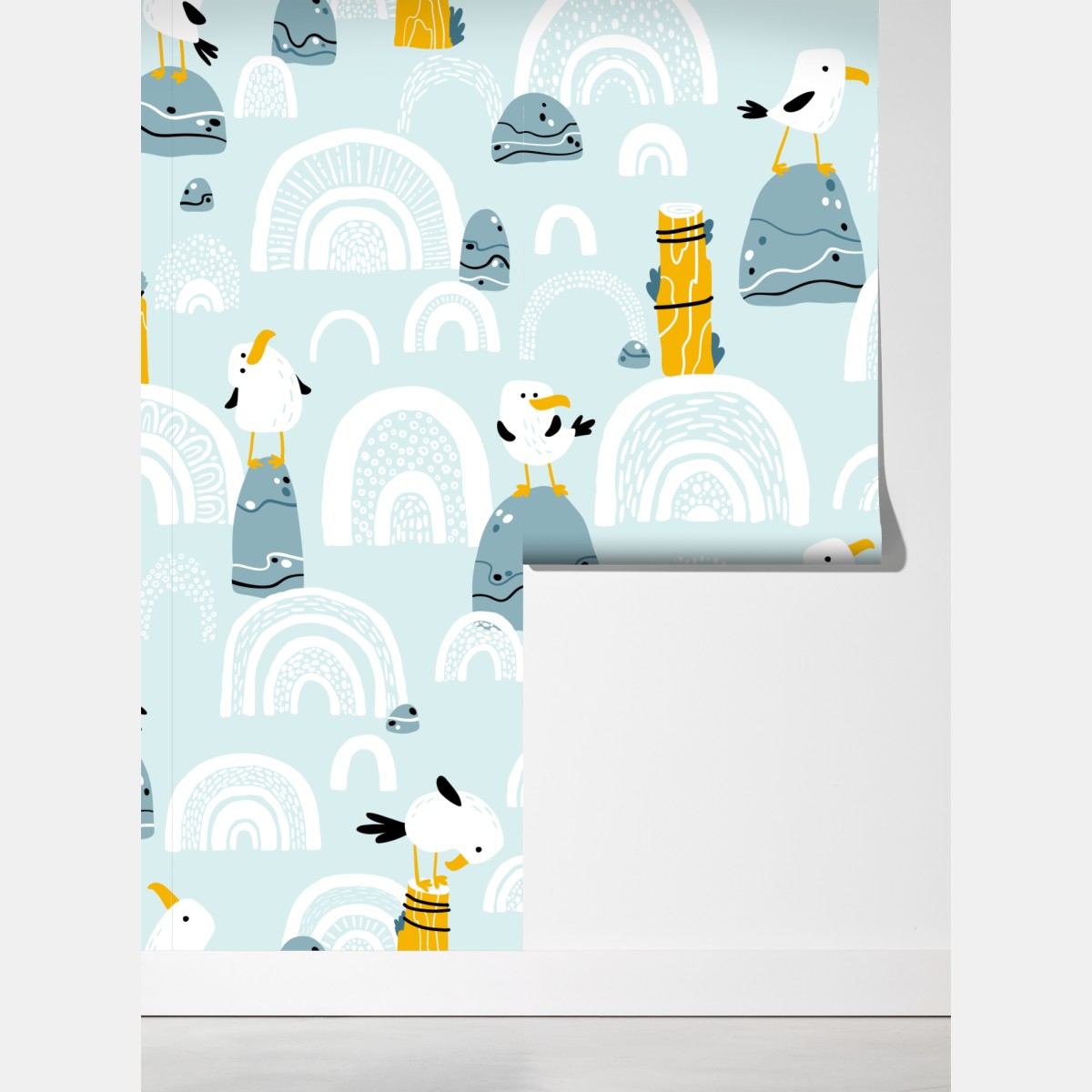 Fototapeta wesołe mewy na pastelowych łukach – Wallissimo® Fototapeta wesołe mewy na pastelowych łukach – Wallissimo®