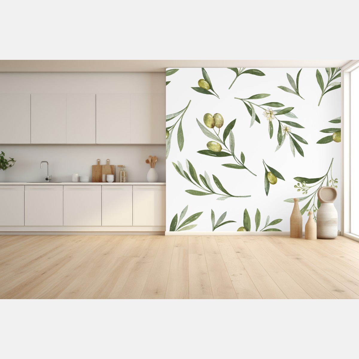 Wall mural olive branch watercolor pattern