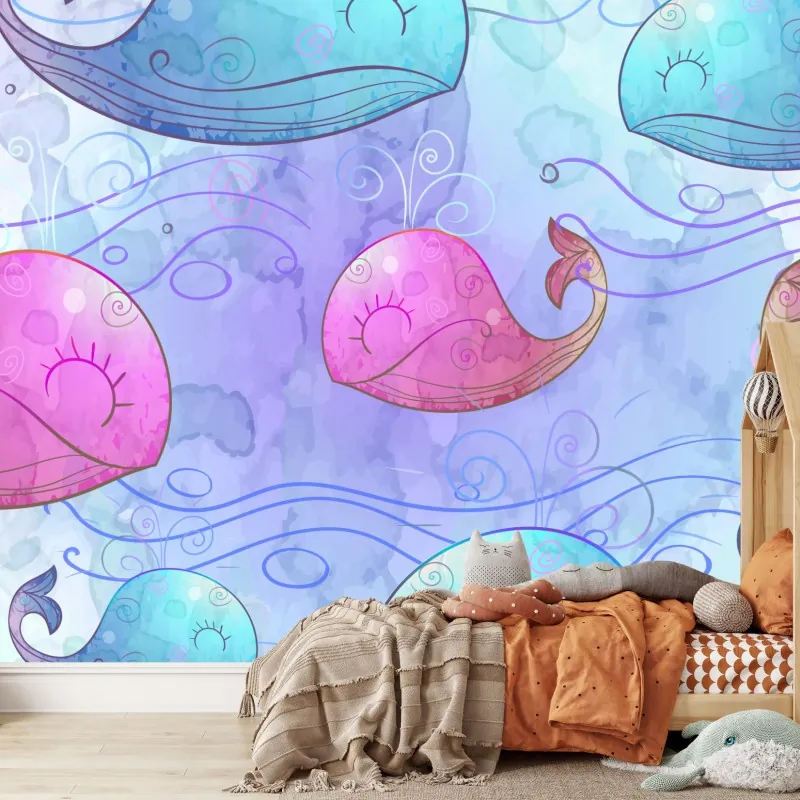 Fototapeta akwarelowy wzór z wielorybami do pokoju dziecięcego