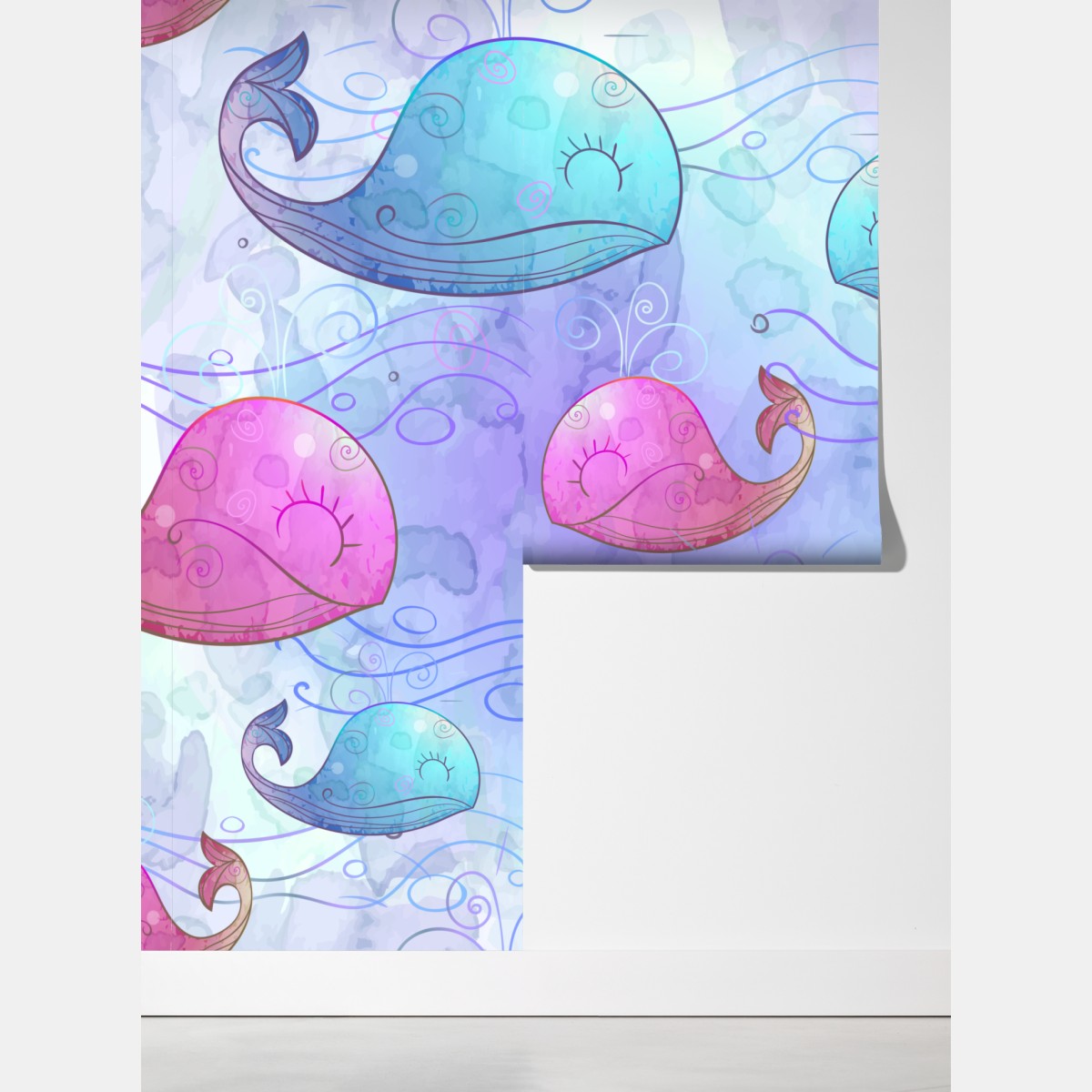 Fototapeta akwarelowy wzór z wielorybami do pokoju dziecięcego – Wallissimo® Fototapeta akwarelowy wzór z wielorybami do pokoju dziecięcego – Wallissimo®