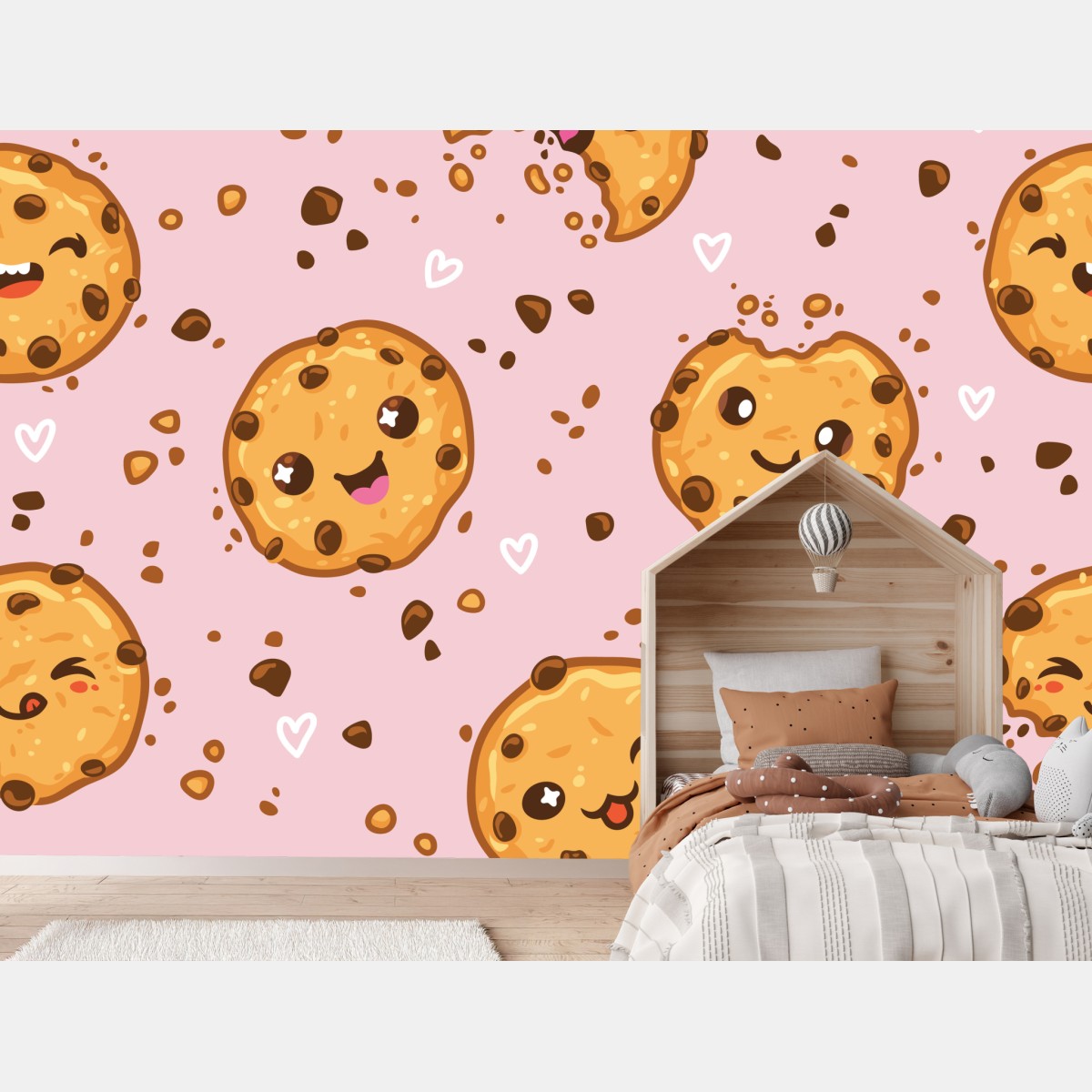 Wall mural cute kawaii cookie pattern on pink background