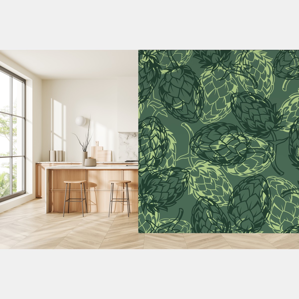 Wall mural green hop cone botanical pattern