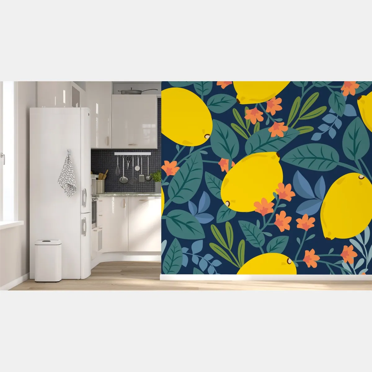 Fototapeta jaskrawy botaniczny wzór z cytrynami – Wallissimo® Fototapeta jaskrawy botaniczny wzór z cytrynami – Wallissimo®