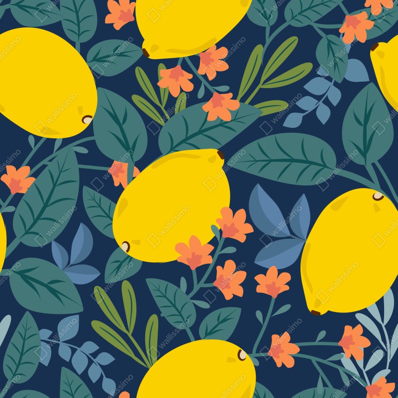 Fototapeta jaskrawy botaniczny wzór z cytrynami – Wallissimo® Fototapeta jaskrawy botaniczny wzór z cytrynami – Wallissimo®