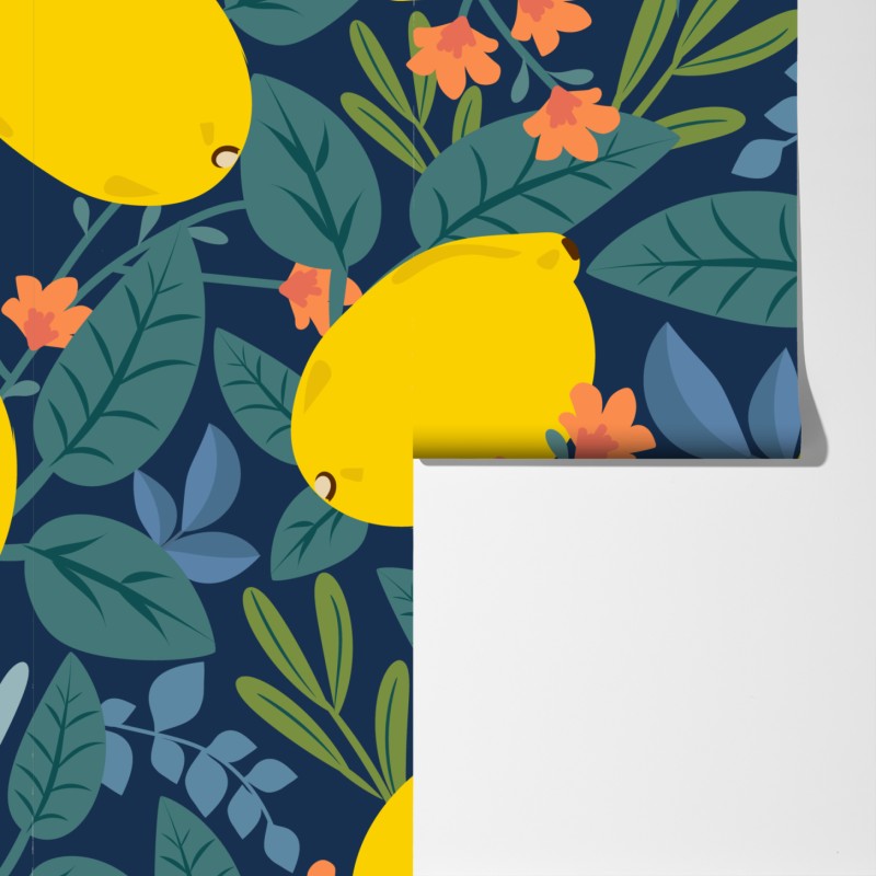 Fototapeta jaskrawy botaniczny wzór z cytrynami – Wallissimo® Fototapeta jaskrawy botaniczny wzór z cytrynami – Wallissimo®