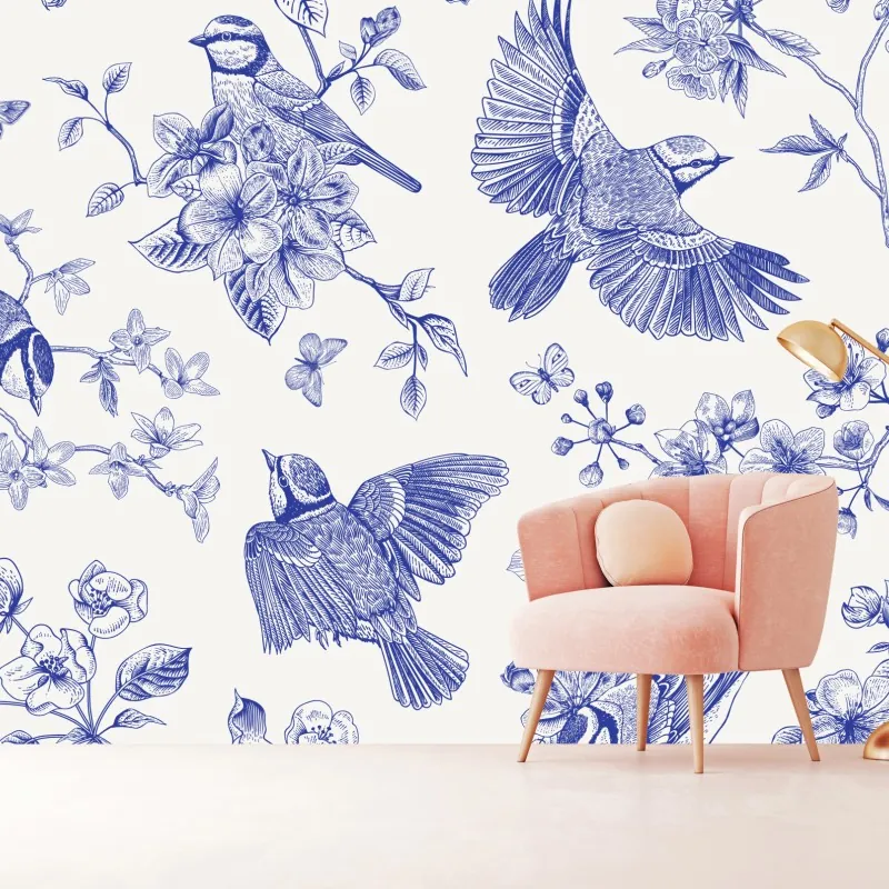 Fototapeta niebieski wzór ptaków i kwiatów w stylu vintage