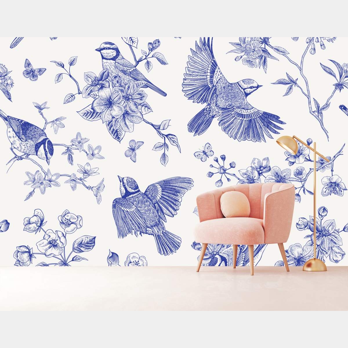 Wall mural blue vintage bird and blossom pattern