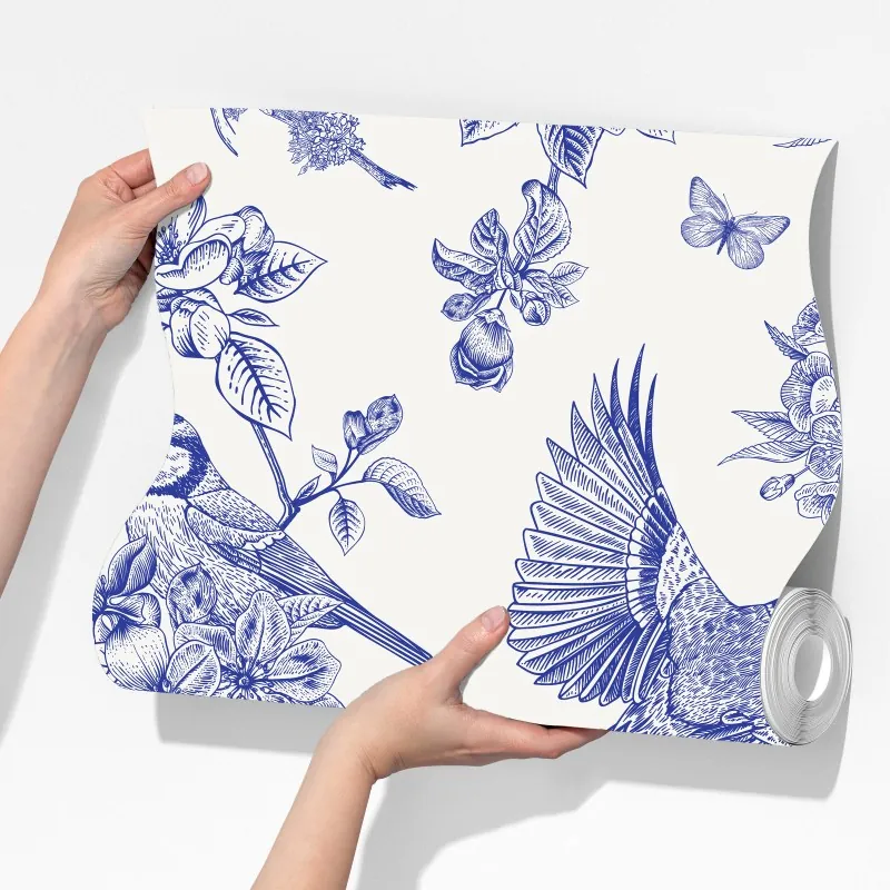Fototapeta niebieski wzór ptaków i kwiatów w stylu vintage – Wallissimo® Fototapeta niebieski wzór ptaków i kwiatów w stylu vintage – Wallissimo®