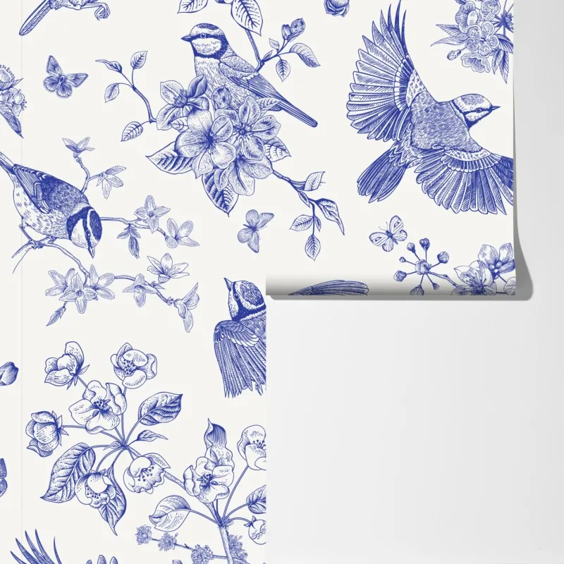 Fototapeta niebieski wzór ptaków i kwiatów w stylu vintage – Wallissimo® Fototapeta niebieski wzór ptaków i kwiatów w stylu vintage – Wallissimo®