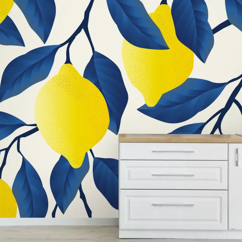 Fototapeta żywy wzór cytryn z niebieskimi liśćmi