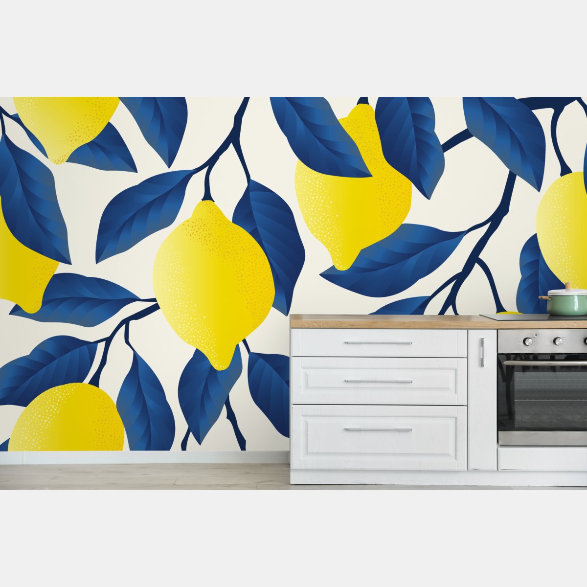 Wall mural vibrant lemon pattern with blue leaves