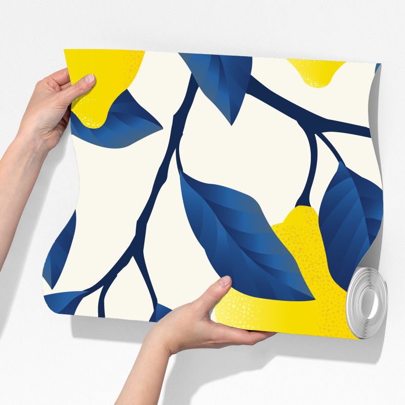 Fototapeta żywy wzór cytryn z niebieskimi liśćmi – Wallissimo® Fototapeta żywy wzór cytryn z niebieskimi liśćmi – Wallissimo®