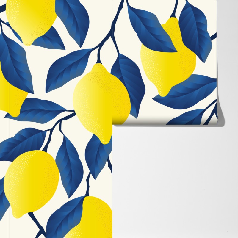 Fototapeta żywy wzór cytryn z niebieskimi liśćmi – Wallissimo® Fototapeta żywy wzór cytryn z niebieskimi liśćmi – Wallissimo®