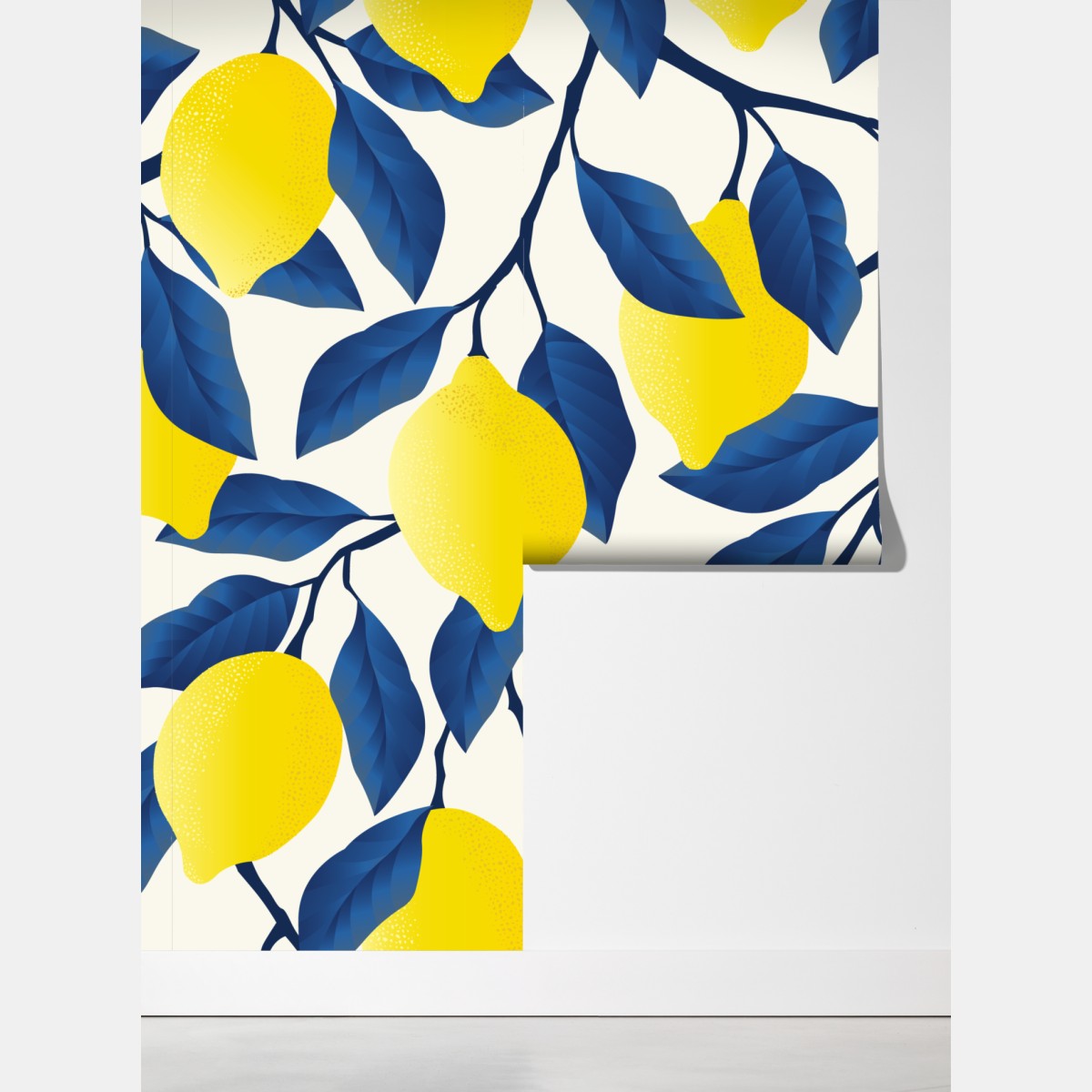 Fototapeta żywy wzór cytryn z niebieskimi liśćmi – Wallissimo® Fototapeta żywy wzór cytryn z niebieskimi liśćmi – Wallissimo®