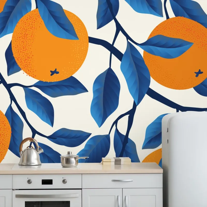 Fototapeta żywy wzór cytrusów w pomarańczach i niebieskich liściach