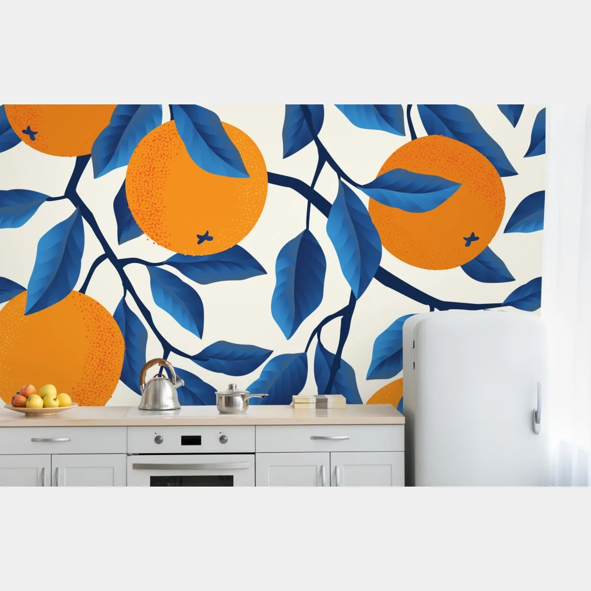 Fototapeta żywy wzór cytrusów w pomarańczach i niebieskich liściach – Wallissimo® Fototapeta żywy wzór cytrusów w pomarańczach i niebieskich liściach – Wallissimo®