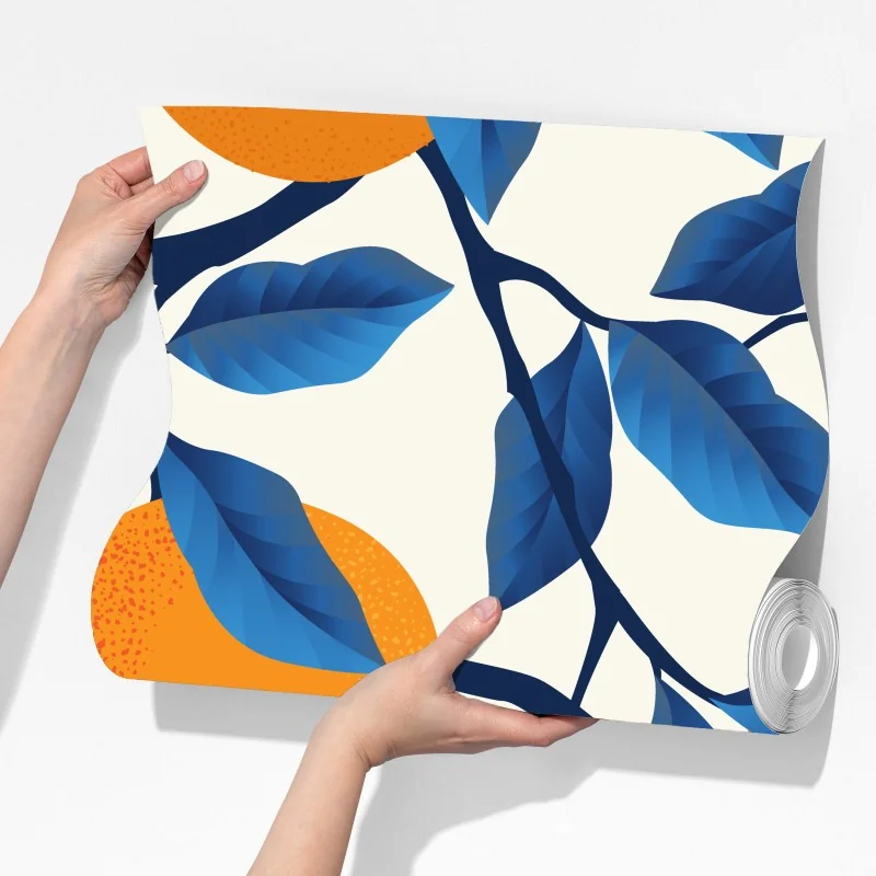 Fototapeta żywy wzór cytrusów w pomarańczach i niebieskich liściach – Wallissimo® Fototapeta żywy wzór cytrusów w pomarańczach i niebieskich liściach – Wallissimo®