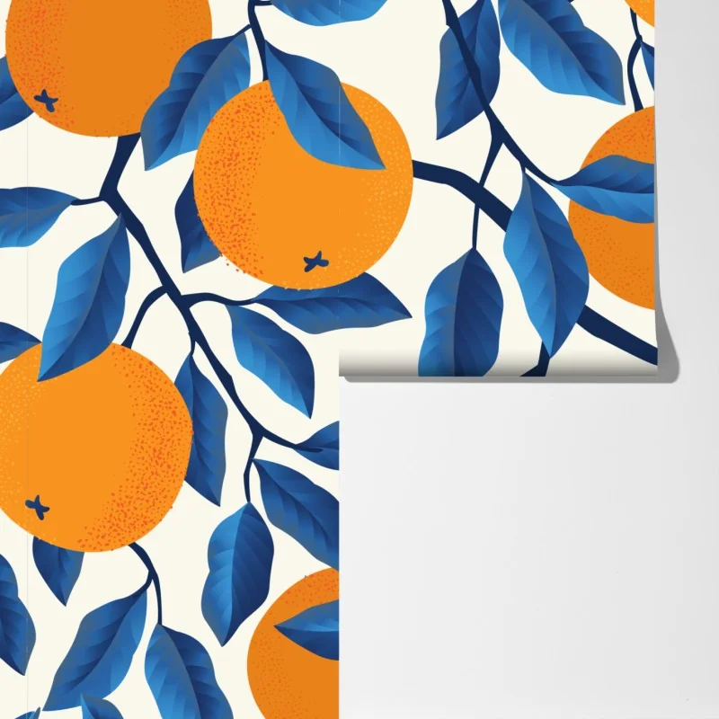 Fototapeta żywy wzór cytrusów w pomarańczach i niebieskich liściach – Wallissimo® Fototapeta żywy wzór cytrusów w pomarańczach i niebieskich liściach – Wallissimo®