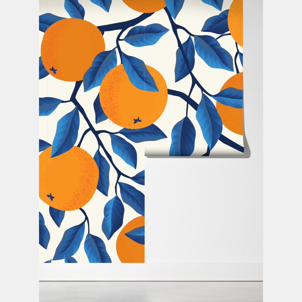 Fototapeta żywy wzór cytrusów w pomarańczach i niebieskich liściach – Wallissimo® Fototapeta żywy wzór cytrusów w pomarańczach i niebieskich liściach – Wallissimo®