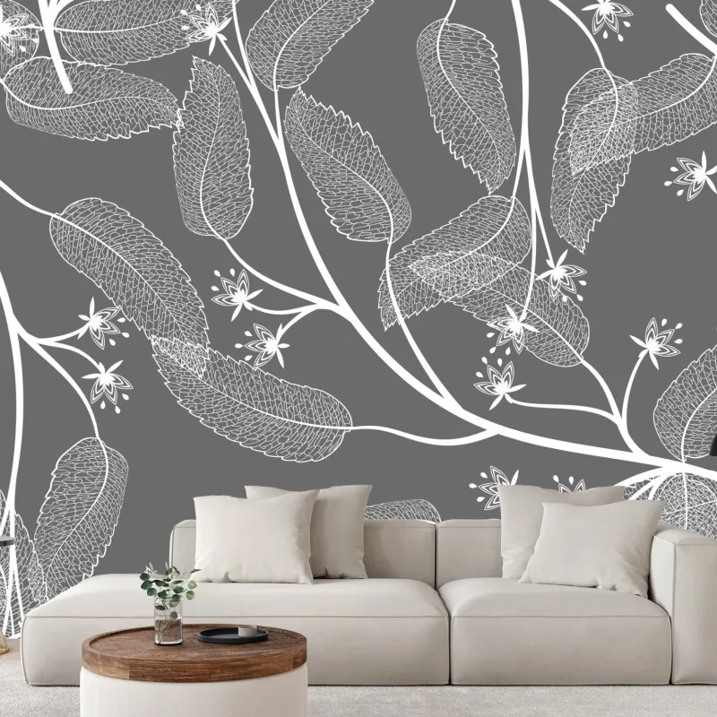 Fototapeta delikatne białe liście na szarym tle