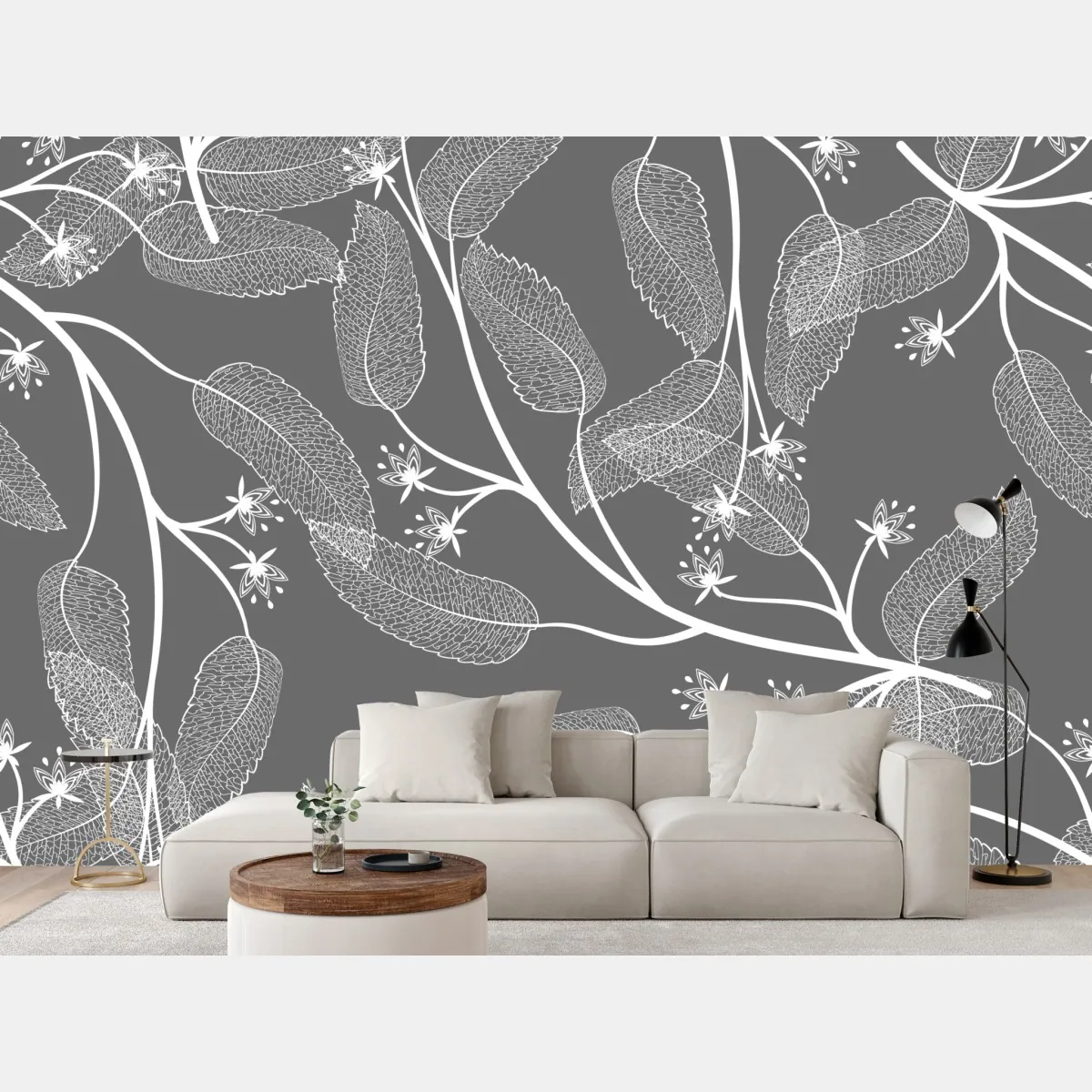 Fototapeta delikatne białe liście na szarym tle – Wallissimo® Fototapeta delikatne białe liście na szarym tle – Wallissimo®