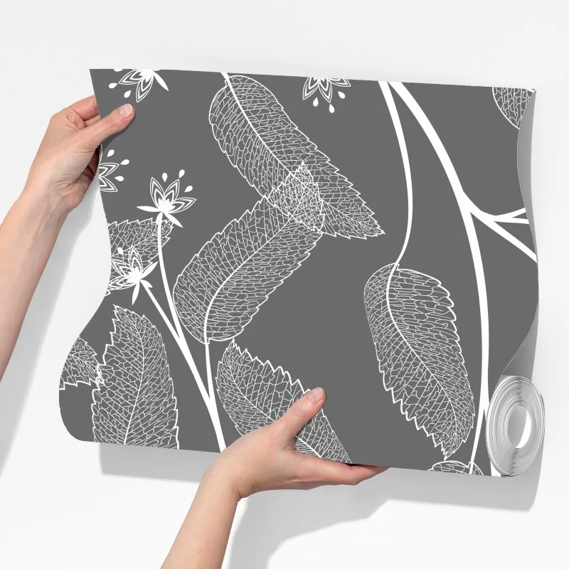 Fototapeta delikatne białe liście na szarym tle – Wallissimo® Fototapeta delikatne białe liście na szarym tle – Wallissimo®