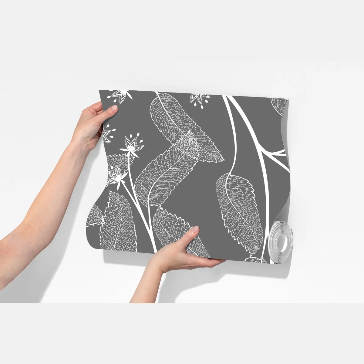 Fototapeta delikatne białe liście na szarym tle – Wallissimo® Fototapeta delikatne białe liście na szarym tle – Wallissimo®