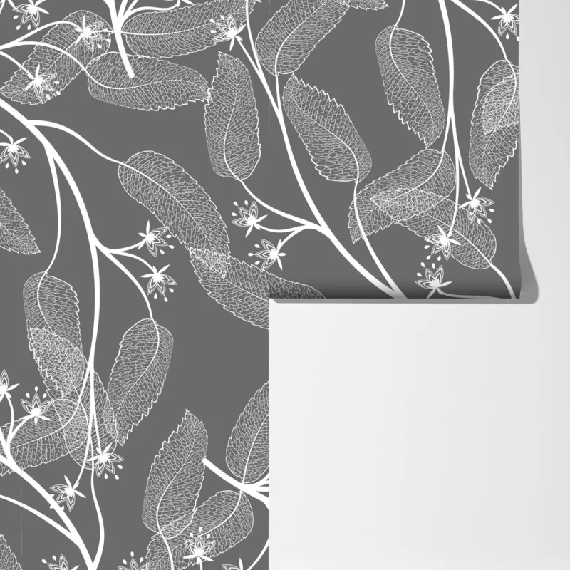 Fototapeta delikatne białe liście na szarym tle – Wallissimo® Fototapeta delikatne białe liście na szarym tle – Wallissimo®