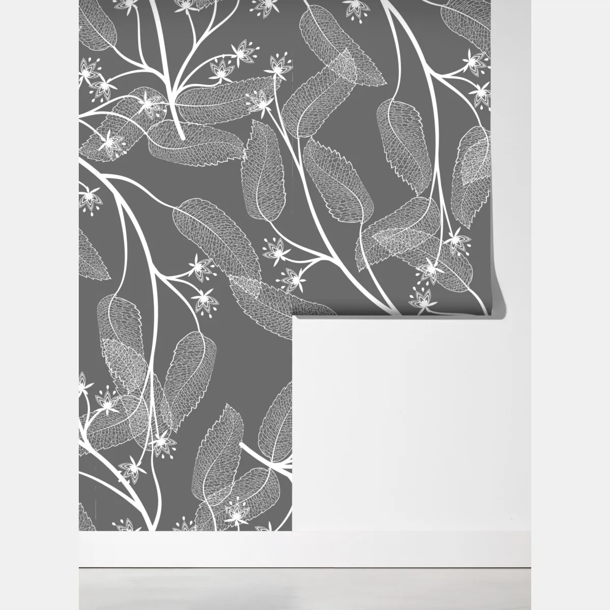 Fototapeta delikatne białe liście na szarym tle – Wallissimo® Fototapeta delikatne białe liście na szarym tle – Wallissimo®