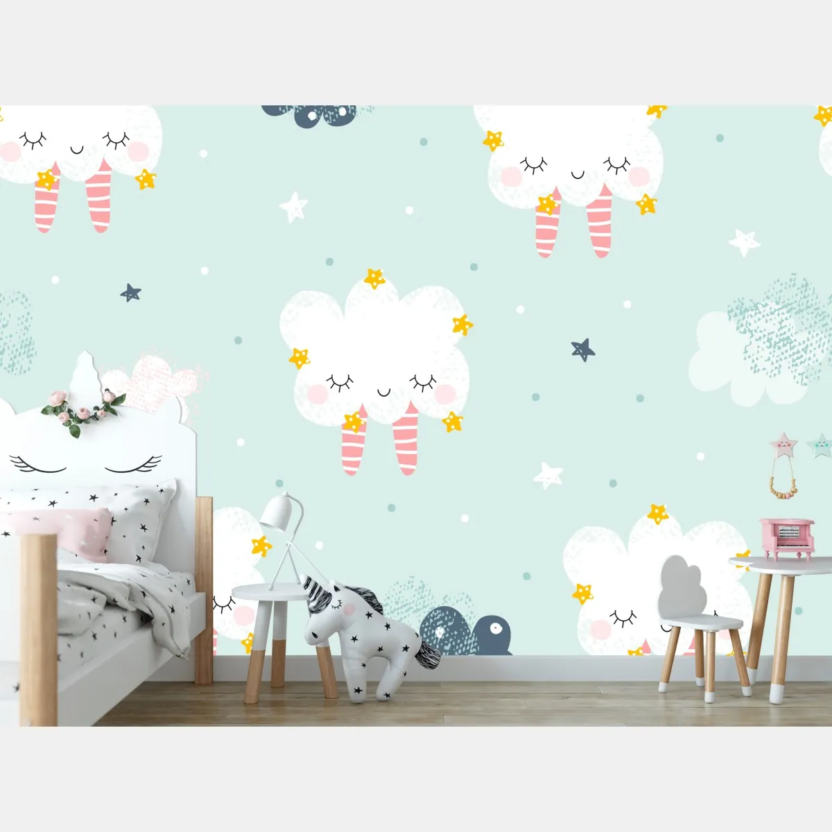 Fototapeta wzór śpiących chmur dla pokoju dziecięcego – Wallissimo® Fototapeta wzór śpiących chmur dla pokoju dziecięcego – Wallissimo®