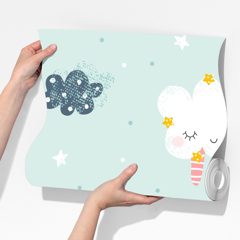 Fototapeta wzór śpiących chmur dla pokoju dziecięcego – Wallissimo® Fototapeta wzór śpiących chmur dla pokoju dziecięcego – Wallissimo®