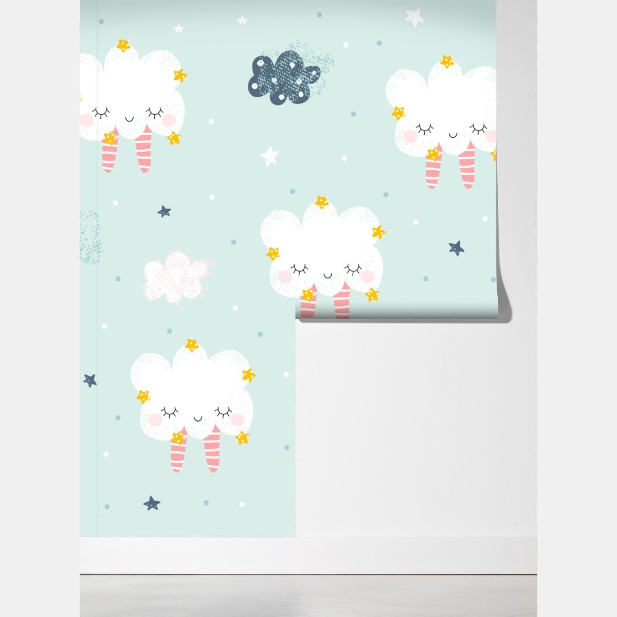 Fototapeta wzór śpiących chmur dla pokoju dziecięcego – Wallissimo® Fototapeta wzór śpiących chmur dla pokoju dziecięcego – Wallissimo®
