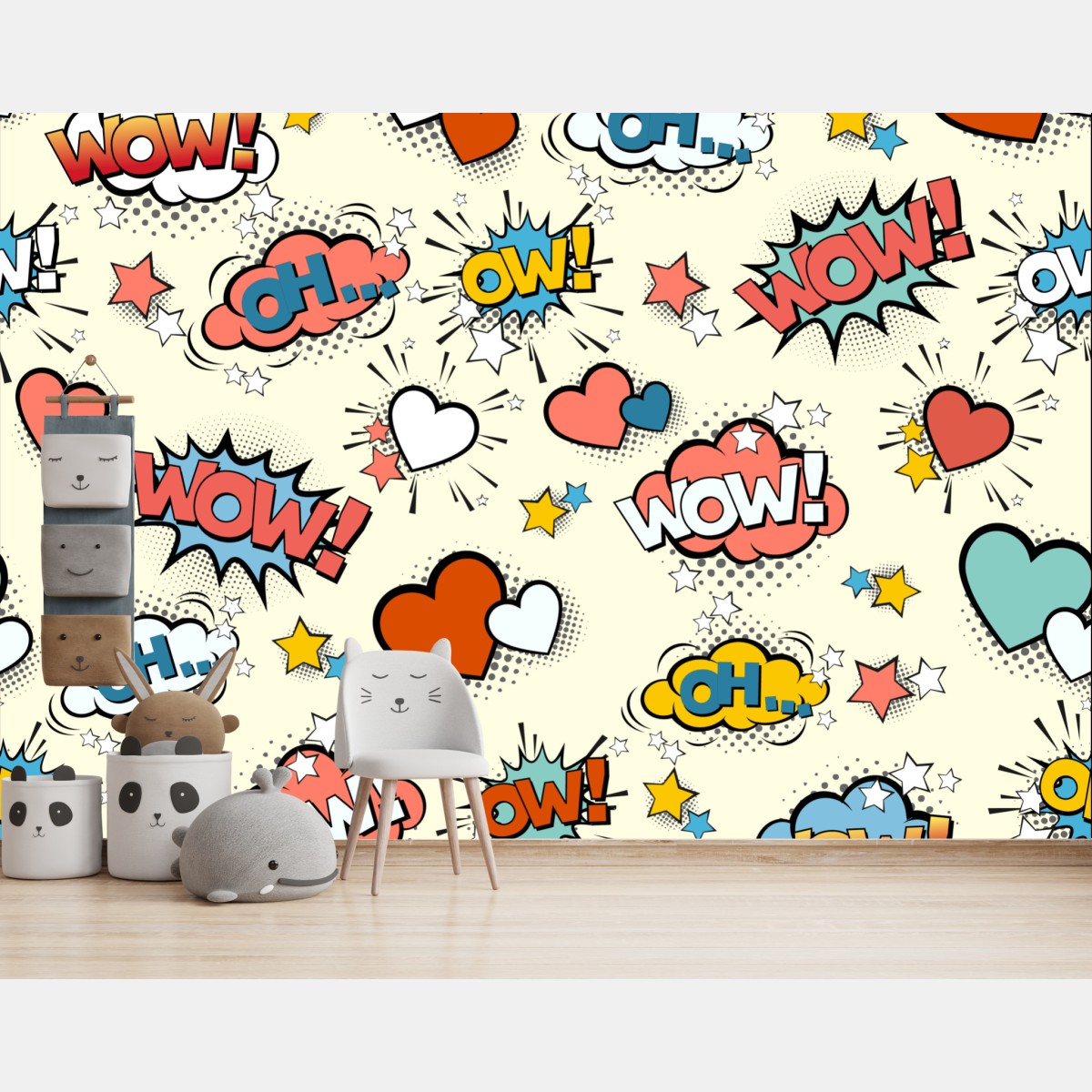 Wall mural pop art comic hearts and speech bubbles