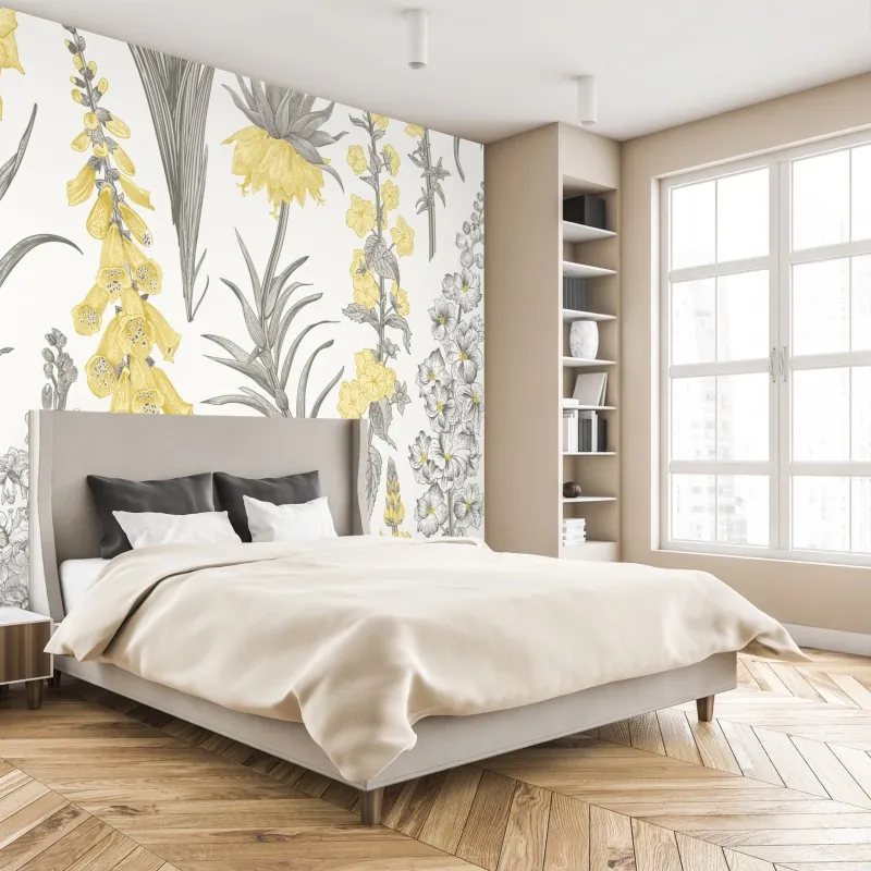 Fototapeta vintage botaniczny wzór kwiatowy w żółci i szarości