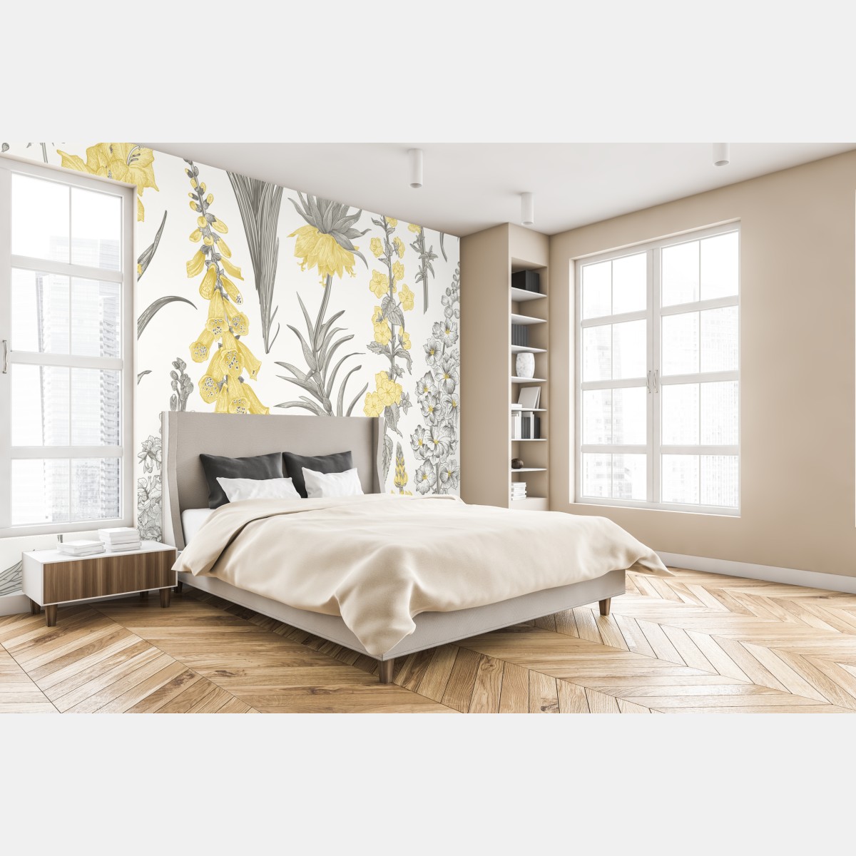 Wall mural vintage botanical floral pattern in yellow and gray