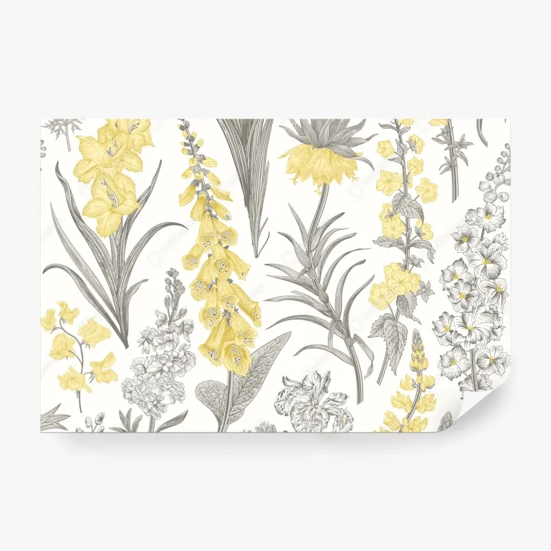 Fototapeta vintage botaniczny wzór kwiatowy w żółci i szarości