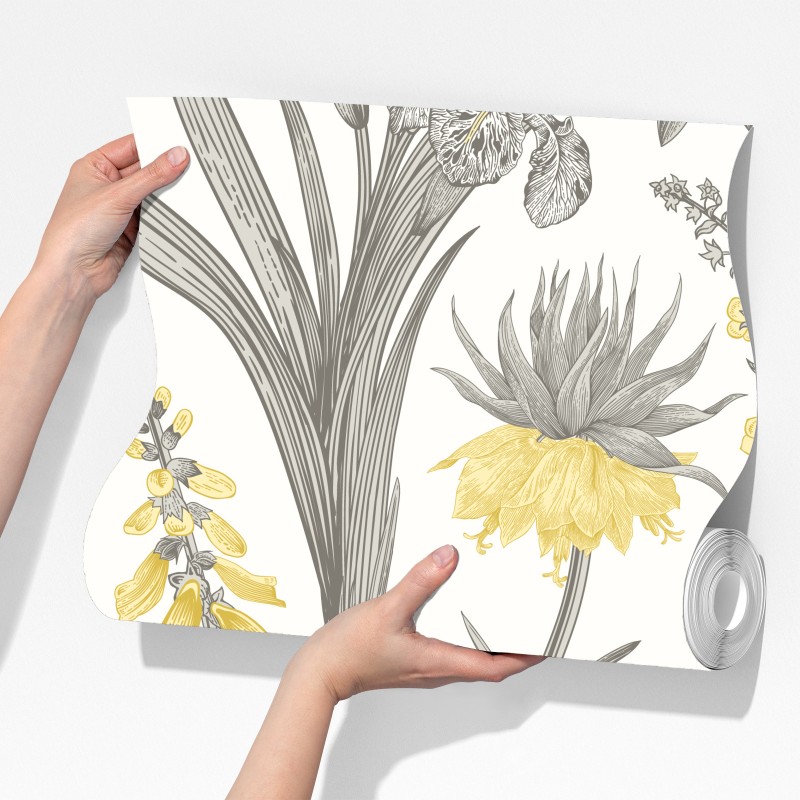 Fototapeta vintage botaniczny wzór kwiatowy w żółci i szarości – Wallissimo® Fototapeta vintage botaniczny wzór kwiatowy w żółci i szarości – Wallissimo®