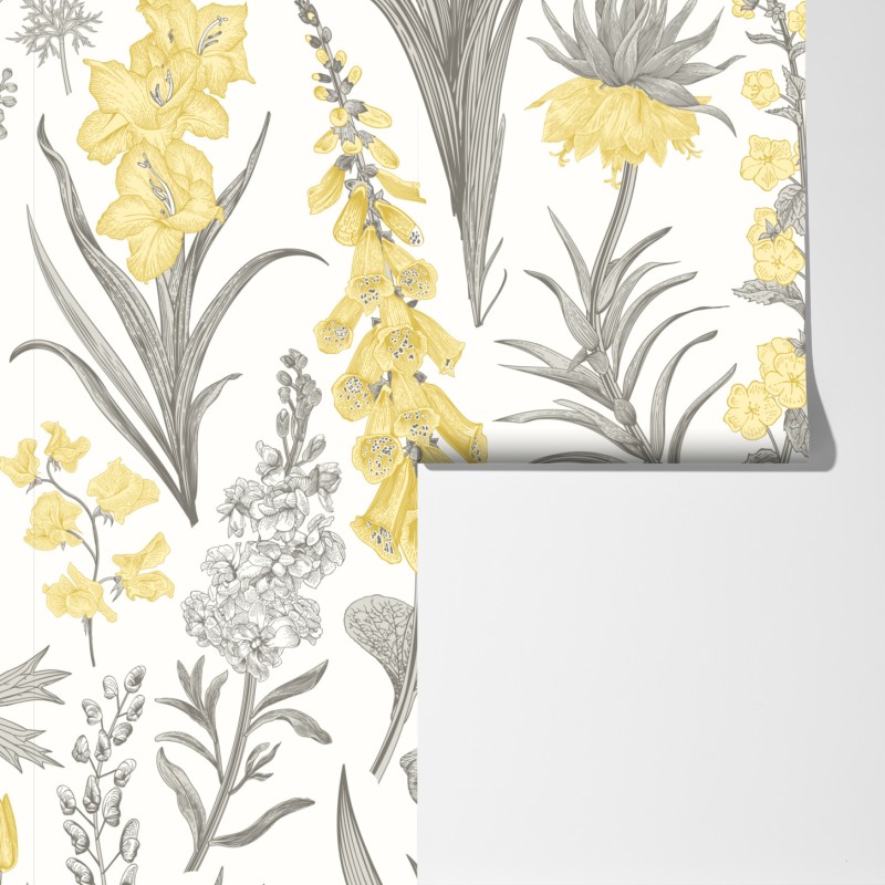 Fototapeta vintage botaniczny wzór kwiatowy w żółci i szarości – Wallissimo® Fototapeta vintage botaniczny wzór kwiatowy w żółci i szarości – Wallissimo®