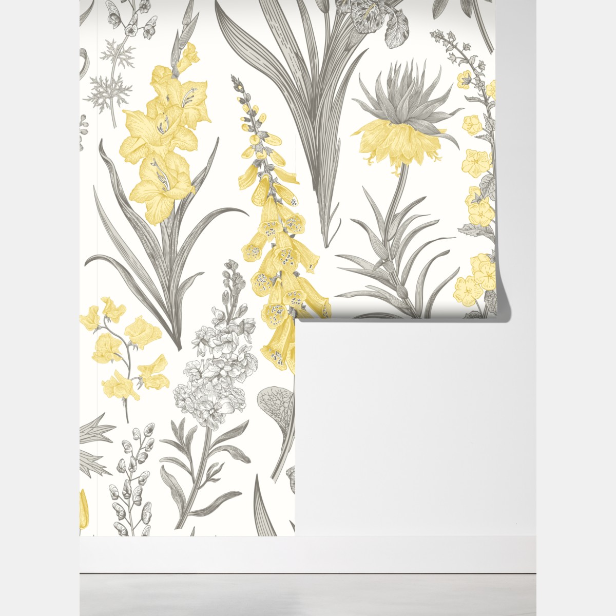 Fototapeta vintage botaniczny wzór kwiatowy w żółci i szarości – Wallissimo® Fototapeta vintage botaniczny wzór kwiatowy w żółci i szarości – Wallissimo®