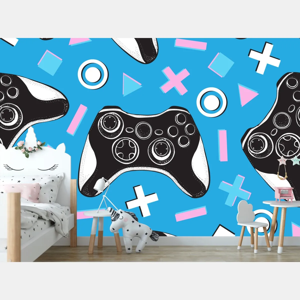 Fototapeta wzór padów do gier na niebieskim tle – Wallissimo® Fototapeta wzór padów do gier na niebieskim tle – Wallissimo®
